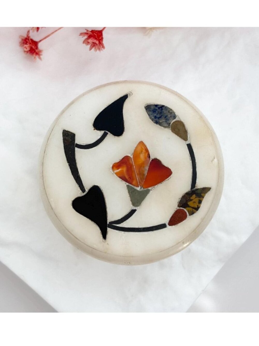 While Marble Floral Inlaid Vintage Handmade Pill Box | Jewelry Box